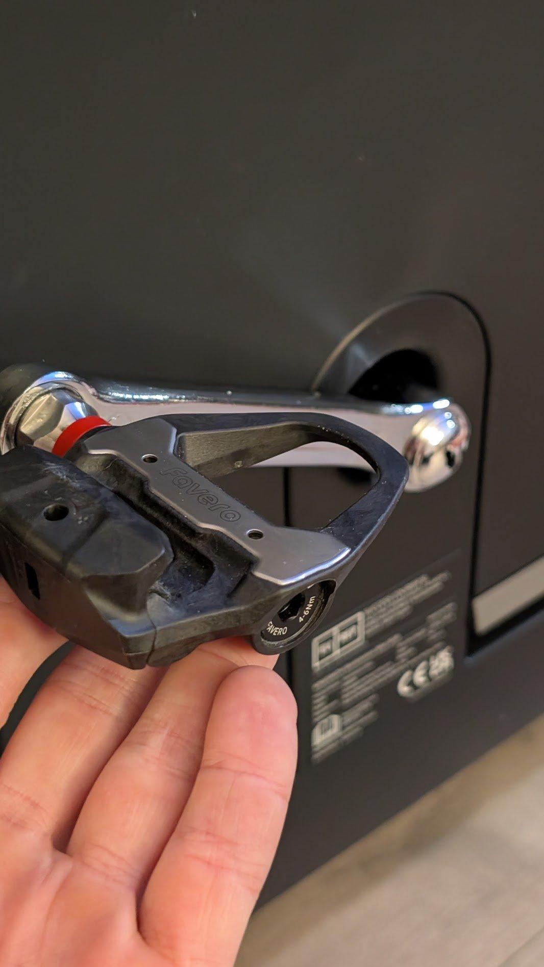 Favero Assioma PRO RS power pedals used to test the desk bike